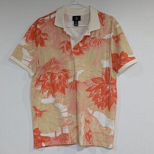 H&M Slim Fit Tropical Print Polo Tee Orange Peach Cream Size Medium